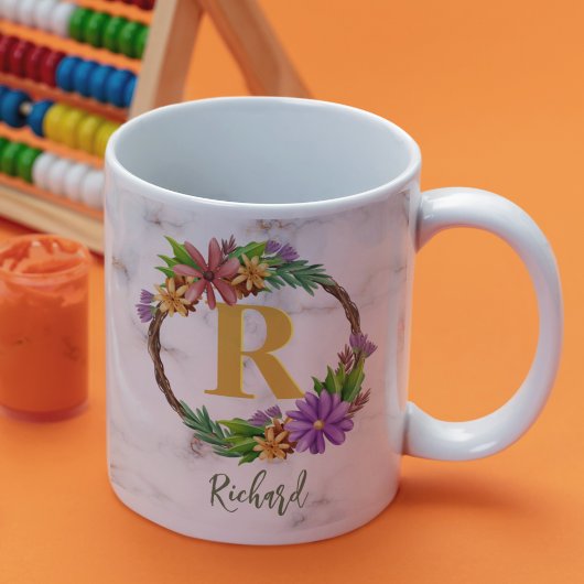 Floral Wreator Initiaal Letter Monogram Name Marbl Koffiemok
