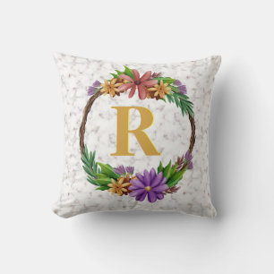 Floral Wreator Initiaal Letter Monogram Name Marbl Kussen