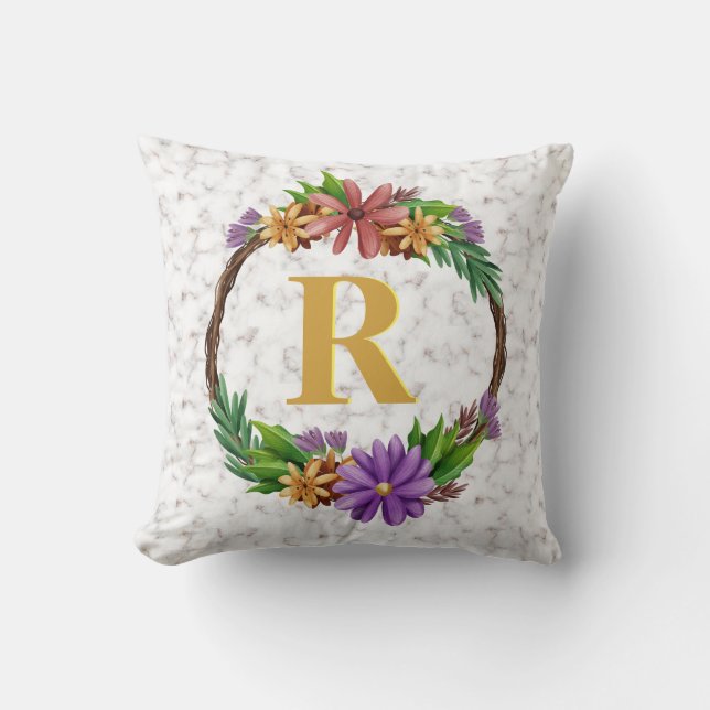 Floral Wreator Initiaal Letter Monogram Name Marbl Kussen (Voorkant)