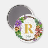Floral Wreator Initiaal Letter Monogram Name Marbl Magneet (Voorkant / Achterkant)