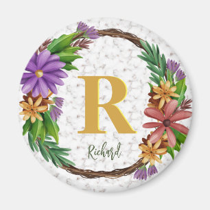 Floral Wreator Initiaal Letter Monogram Name Marbl Magneet