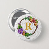 Floral Wreator Initiaal Letter Monogram Name Marbl Ronde Button 5,7 Cm (Voorkant /achterkant)