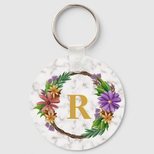 Floral Wreator Initiaal Letter Monogram Name Marbl Sleutelhanger (Voorkant)