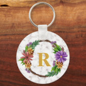 Floral Wreator Initiaal Letter Monogram Name Marbl Sleutelhanger (Voorkant)