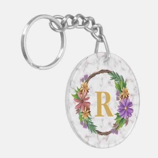 Floral Wreator Initiaal Letter Monogram Name Marbl Sleutelhanger (Voorkant Links)