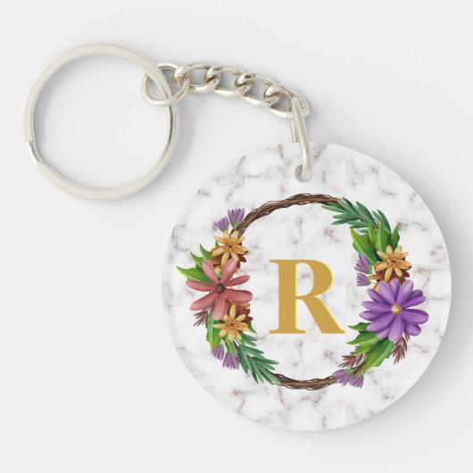 Floral Wreator Initiaal Letter Monogram Name Marbl Sleutelhanger (Voorkant)