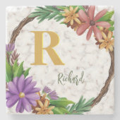 Floral Wreator Initiaal Letter Monogram Name Marbl Stenen Onderzetter (Voorkant)