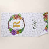 Floral Wreator Initiaal Letter Monogram Name Marbl Strandlaken (Voorkant)