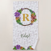 Floral Wreator Initiaal Letter Monogram Name Marbl Strandlaken (Voorkant)