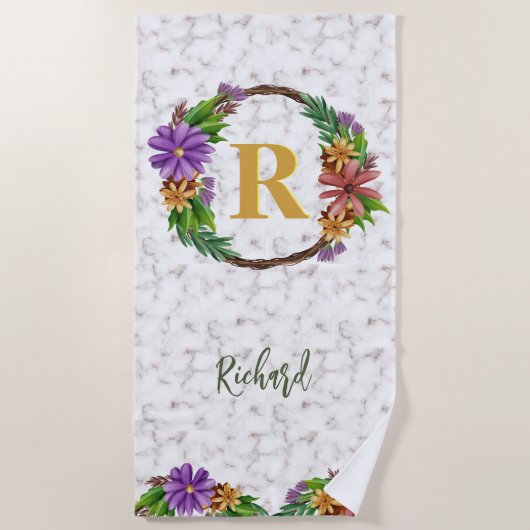 Floral Wreator Initiaal Letter Monogram Name Marbl Strandlaken (Voorkant)
