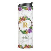 Floral Wreator Initiaal Letter Monogram Name Marbl Thermosbeker (Gedraaid links)