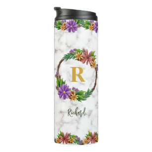 Floral Wreator Initiaal Letter Monogram Name Marbl Thermosbeker