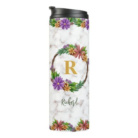 Floral Wreator Initiaal Letter Monogram Name Marbl Thermosbeker (Geroteerd rechts)