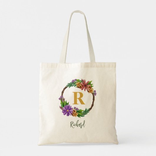 Floral Wreator Initiaal Letter Monogram Name Marbl Tote Bag (Achterkant)