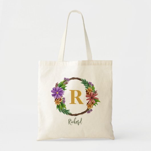 Floral Wreator Initiaal Letter Monogram Name Marbl Tote Bag (Voorkant)