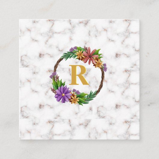 Floral Wreator Initiaal Letter Monogram Name Marbl Vierkante Visitekaartje (Voorkant)