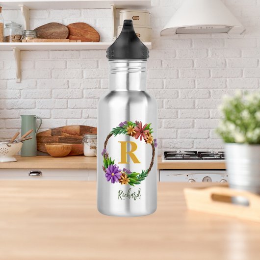 Floral Wreator Initiaal Letter Monogram Name Marbl Waterfles