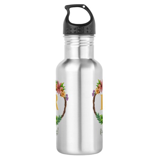 Floral Wreator Initiaal Letter Monogram Name Marbl Waterfles (Achterkant)