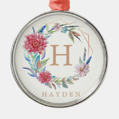 Floral wreator Monogram, aangepaste naam Metalen Ornament (Voorkant)
