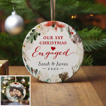 Floral WreatPhoto voor eerste kerstmis Keramisch Ornament<br><div class="desc">***** Vergeet niet uw favoriete foto op de achterkant te uploaden. Als u de fotoplaatsing niet nodig hebt, kunt u deze verwijderen met behulp van een ontwerptool ***** De eerste Kerstmis vieren die u met dit Poinsettia Floral Wreath Photo Ornament hebt ingelogd. Het toevoegen van een favoriete foto en tekst...</div>