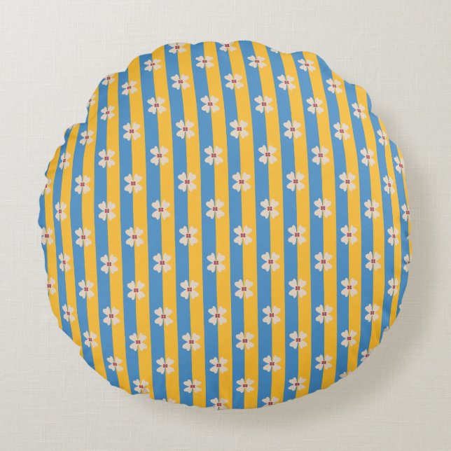 Floral Yellow and Aqua Striped Round Pillow Rond Kussen (Voorkant)