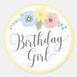 Floral Yellow Birthday Girl Baby & Kinder Partij Ronde Sticker