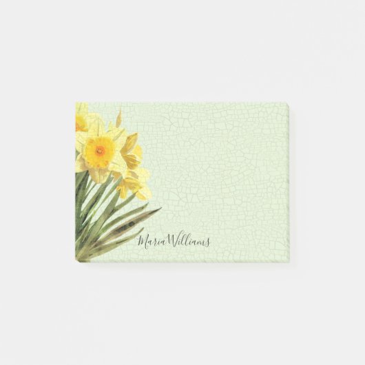 Floral Yellow Daffodil Green Crackle Monogram 4x3 Post-it® Notes (Voorkant)