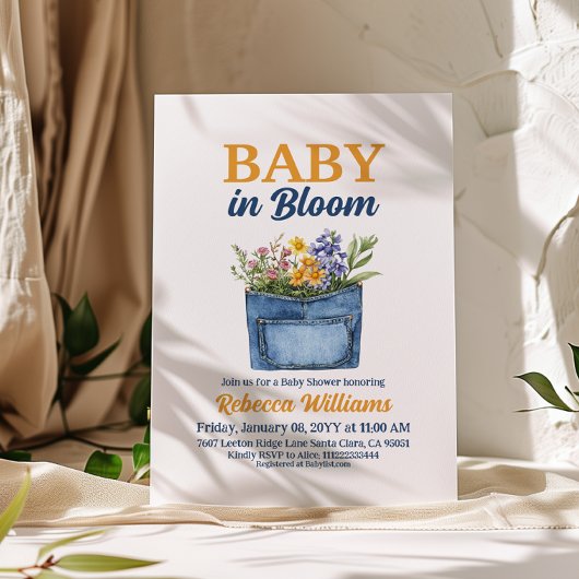 Floral Yellow Denim Pocket Baby In Bloom Shower Kaart