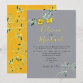 Floral Yellow en Gray Minimony Wedding Kaart (Voorkant / Achterkant)