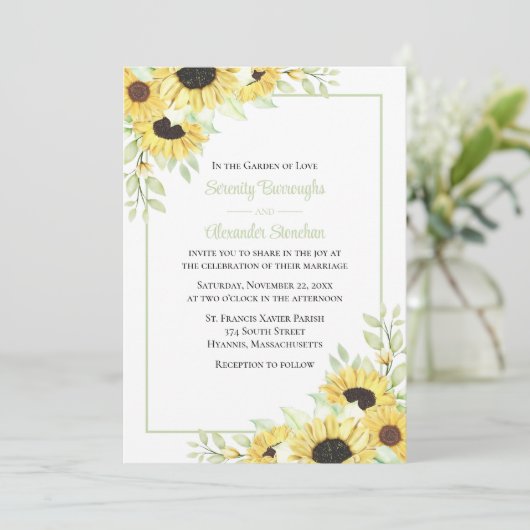 Floral Yellow Green Waterverf Sunflower bruiloft Kaart (Staand voorkant)
