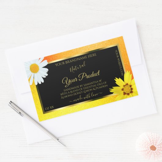 Floral Yellow Oranje Glitter Black Product Labels (Envelop)