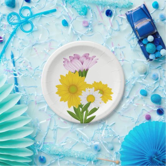 Floral Yellow Sunflower, Daisy Purple Flowers Papieren Bordje (Feest)