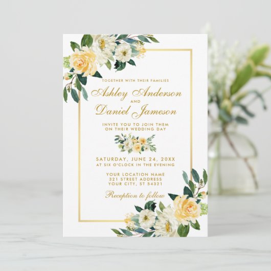 Floral Yellow White Gold Photo Weddenschap Kaart (Staand voorkant)