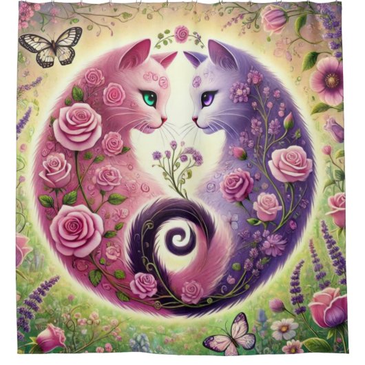 Floral Yin Yang Cats Illustration Douchegordijn (Voorkant)