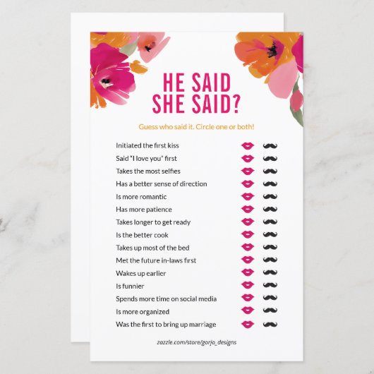 Floral zei hij dat ze zei bruiloft douche spel Kaa (Voorkant / Achterkant)