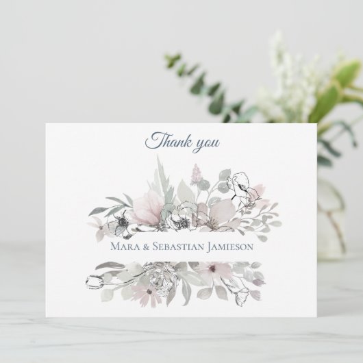 ~* Floral Zilver Roze AR17 Elegante Trendy Wedding Bedankkaart (Staand voorkant)