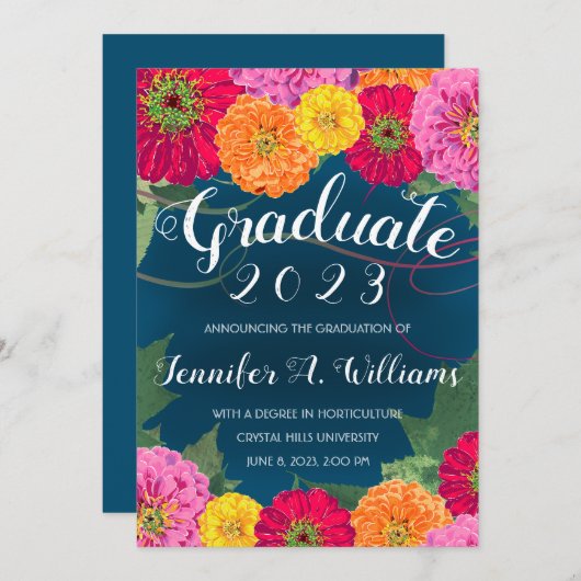 Floral Zinnia Waterverf Blue 2023 Afstuderen Aankondiging (Voorkant / Achterkant)