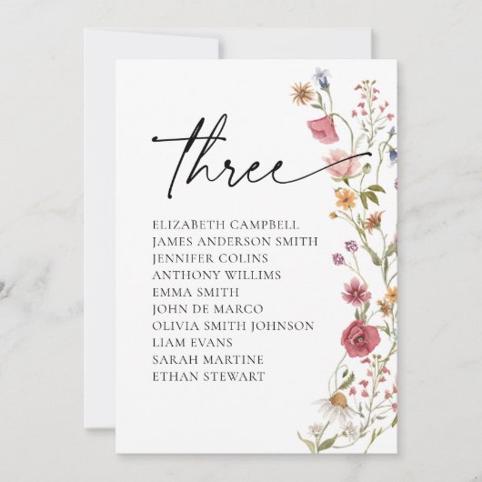 Floral Zitting Chart Kaart | Tabel Drie (Voorkant)