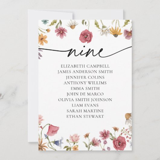 Floral Zitting Chart Kaart | Tabel Negen (Voorkant)