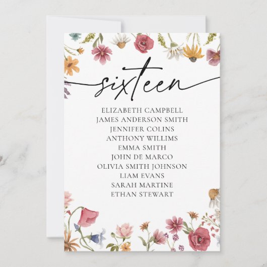 Floral Zitting Chart Kaart | Tabel zestien (Voorkant)