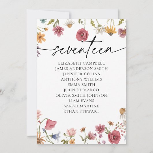 Floral Zitting Chart Kaart | Tabel Zeventien (Voorkant)