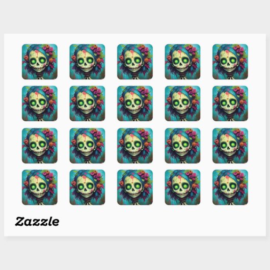 Floral Zombie Doll with Green Eyes Vierkante Sticker (Vel)