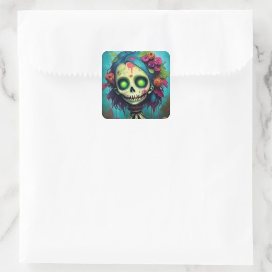 Floral Zombie Doll with Green Eyes Vierkante Sticker (Tas)