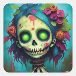Floral Zombie Doll with Green Eyes Vierkante Sticker