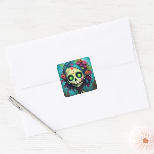 Floral Zombie Doll with Green Eyes Vierkante Sticker (Envelop)