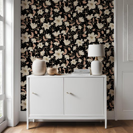 Floral Zwart Beige Lelie Botanisch Patroon Behang