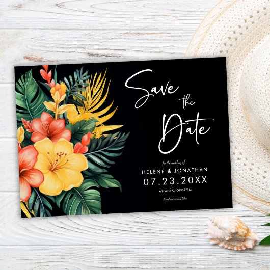 Floral zwart botanische tropische bruiloft save the date