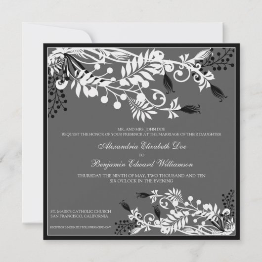 Floral (zwart) Elegant Wedding Invitation Kaart (Voorkant)