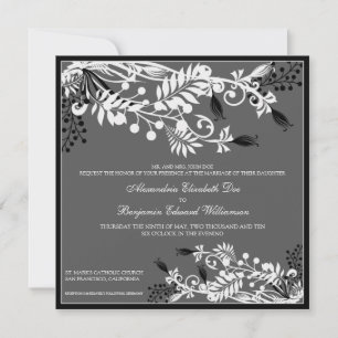 Floral (zwart) Elegant Wedding Invitation Kaart