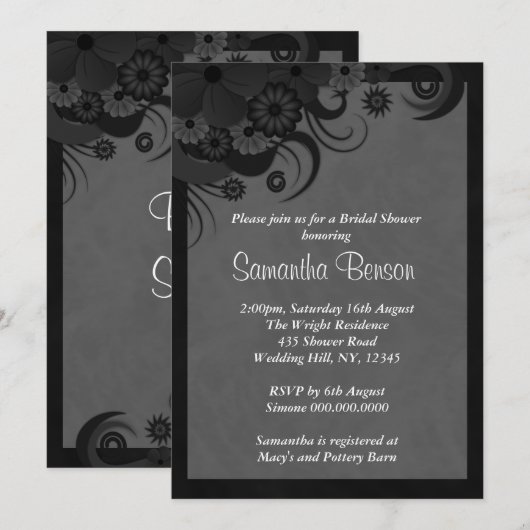 Floral Zwart en Grijs Bruiloft Vrijgezellenfeest u Kaart (Voorkant / Achterkant)